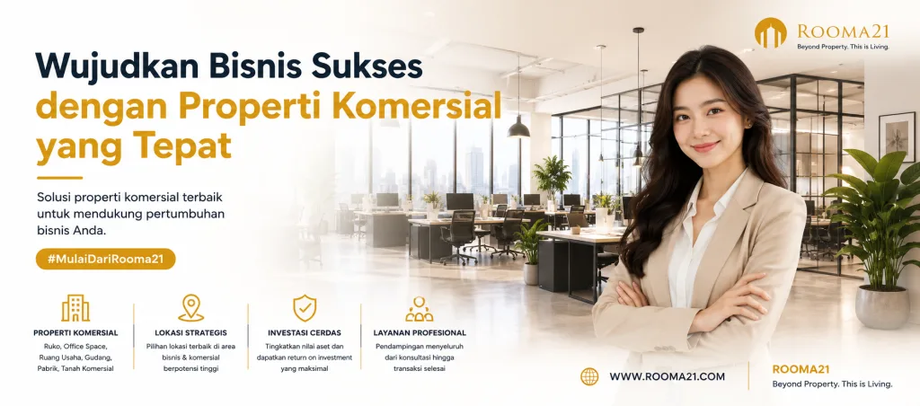 Banner Properti Komersial Rooma21.com Promotional Banner for Commercial Property with an Office Interior Background and a Smiling Woman on the Right Indonesian Headline Promotes Business Success with Property Rooma21com