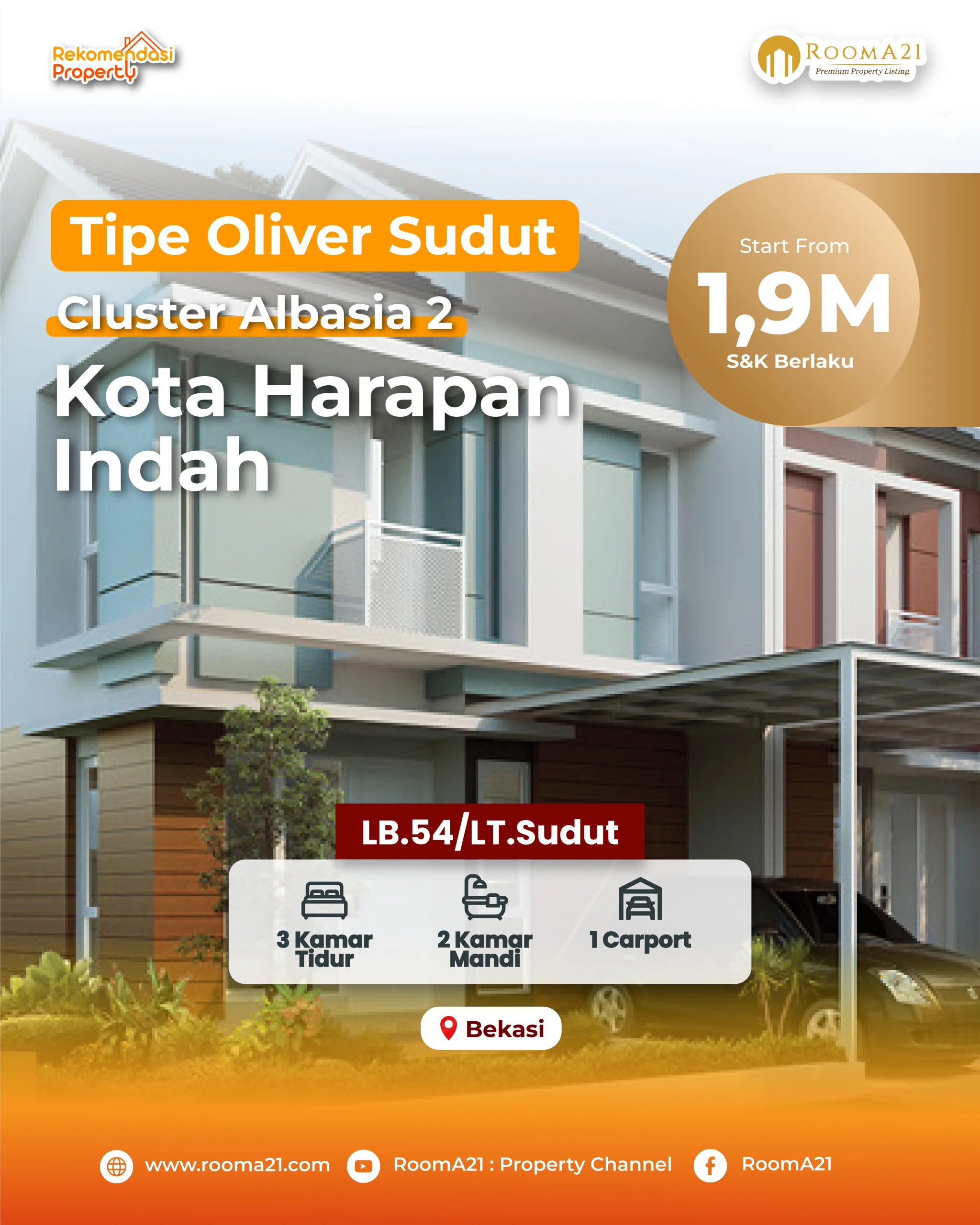 Kota Harapan Indah | Cluster Albasia | Tipe Oliver sudut - foto 1