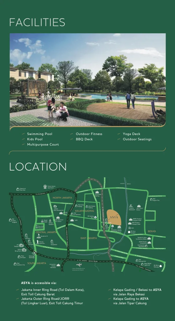 Rumah dijual Di Jakarta - Asya Jakarta Garden City. Hunian 2 lantai di Cluster Matana – Asya. Lingkungan hijau, fasilitas premium, akses Tol, AEON, dan IKEA.