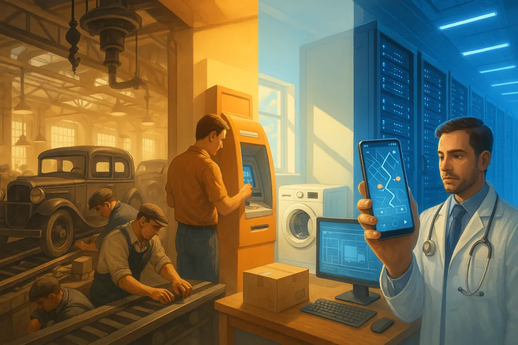 Ilustrasi panorama evolusi automation dari era industri hingga era data yang melahirkan Agentic AI.