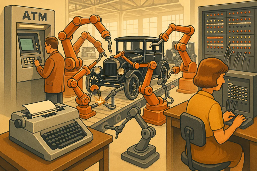 Contoh automation generasi awal seperti jalur perakitan dan ATM, teknologi dasar sebelum era Agentic AI.
