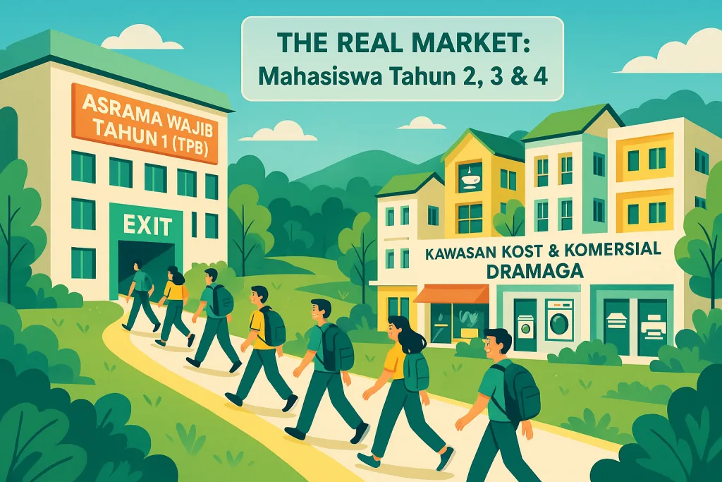 Analisis investasi rumah kost dekat IPB Dramaga. Mengapa tetap untung meski ada asrama? Target pasar mahasiswa S1 (Tahun 2+) & potensi ruko di Dramaga.