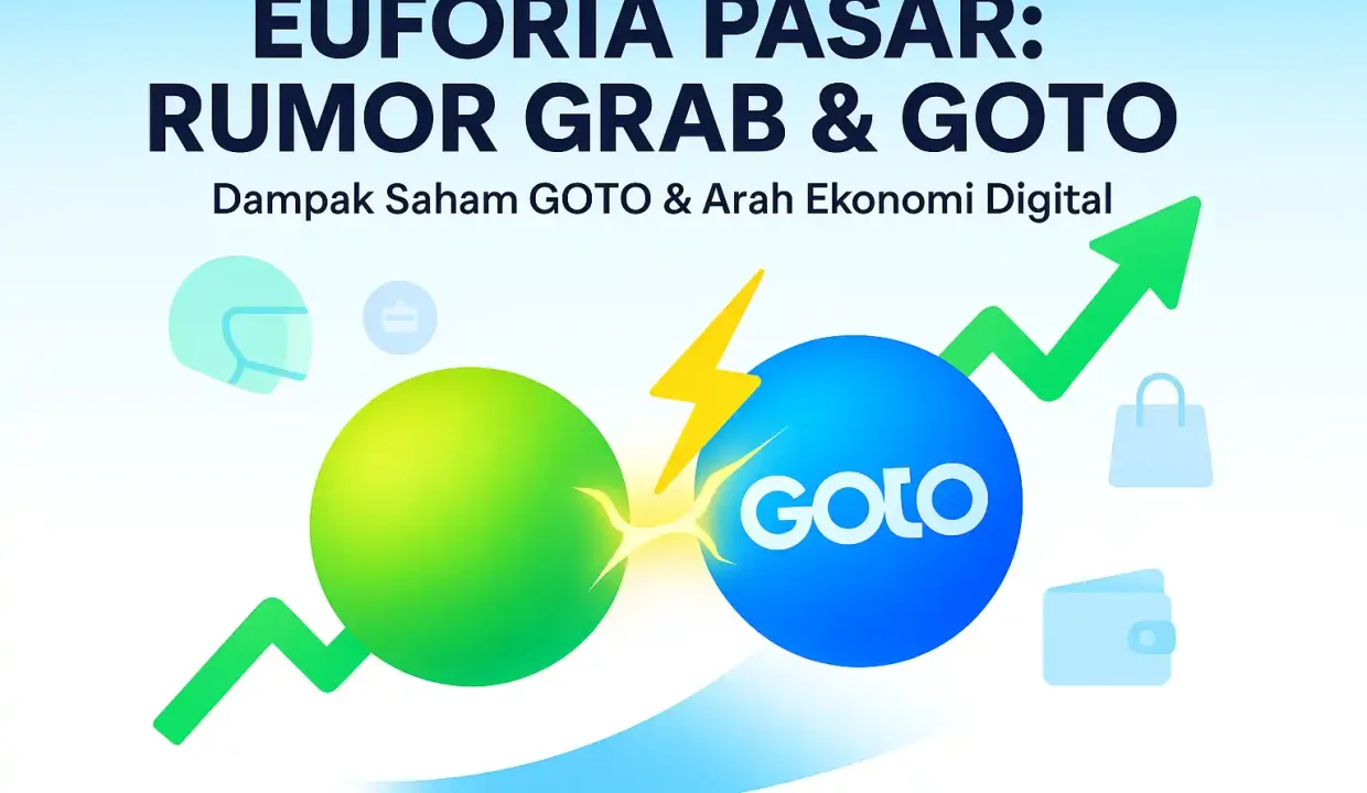Analisis rumor merger GoTo Grab 2025. Dampak ke harga saham GOTO pasca EBITDA positif, 3 skenario akuisisi, dan masa depan ekonomi digital Indonesia.