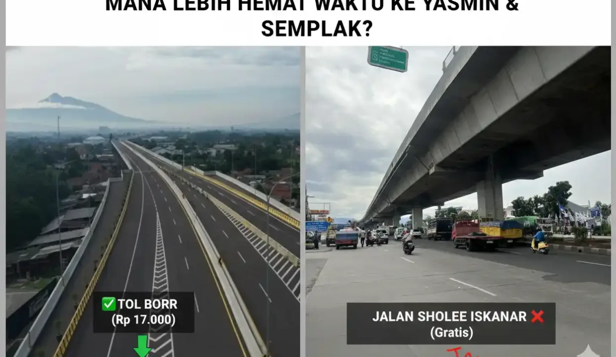 Analisis perbandingan lewat Tol BORR (Rp 17.000) atau Jalan Sholeh Iskandar (Jalan Baru) yang macet. Mana lebih hemat waktu ke Yasmin & Semplak