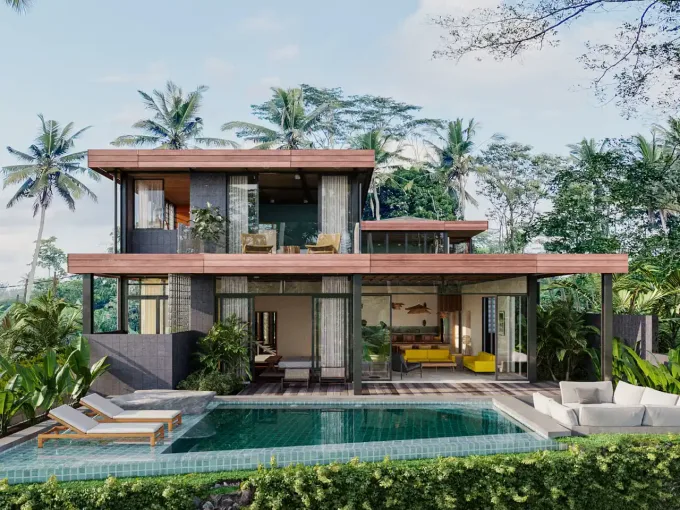 Dijual Villa di Ubud, Bali, THE TWINS. Harga mulai USD 390.000. Tersedia 2 & 3 BR. Pool, Jungle View Abadi. Leasehold 30 Thn. ROI 13.6%. 5 min Parq Ubud.