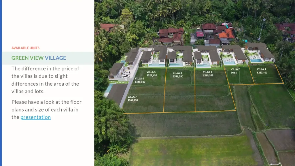 Miliki investasi villa premium di Ubud, Bali. Green View Village menawarkan unit 2 & 3 KT mulai $262K dengan jaminan view sawah abadi & leasehold 30 tahun.