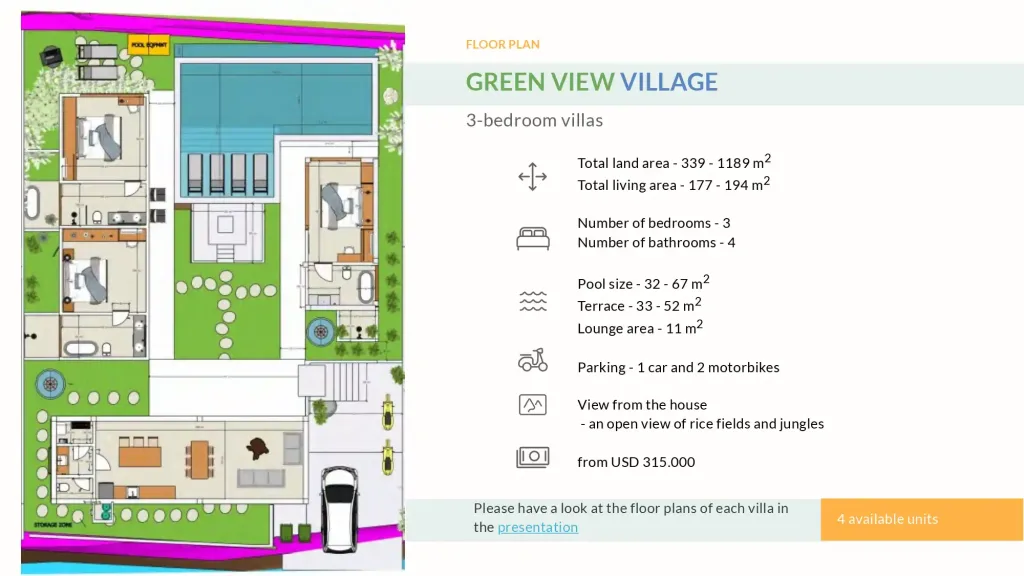Miliki investasi villa premium di Ubud, Bali. Green View Village menawarkan unit 2 & 3 KT mulai $262K dengan jaminan view sawah abadi & leasehold 30 tahun.