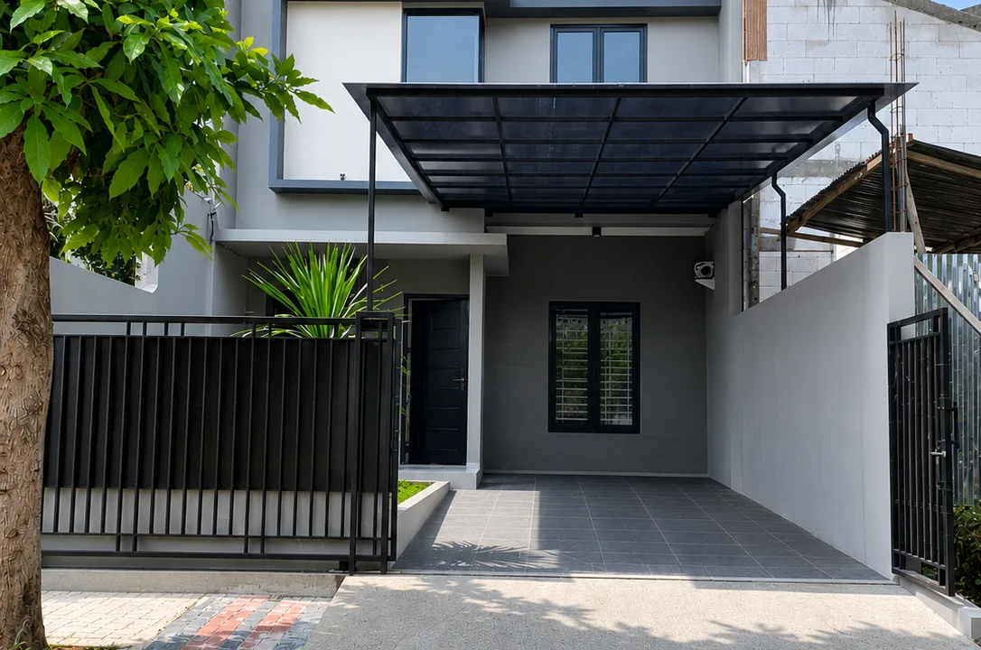 Bb43e7e8-47d3-4f39-9b9d-89da1059c6eb Rooma21.com Modern Two storey Gray House with a Glass covered Carport and Black framed Windows at the Entrance Rooma21com