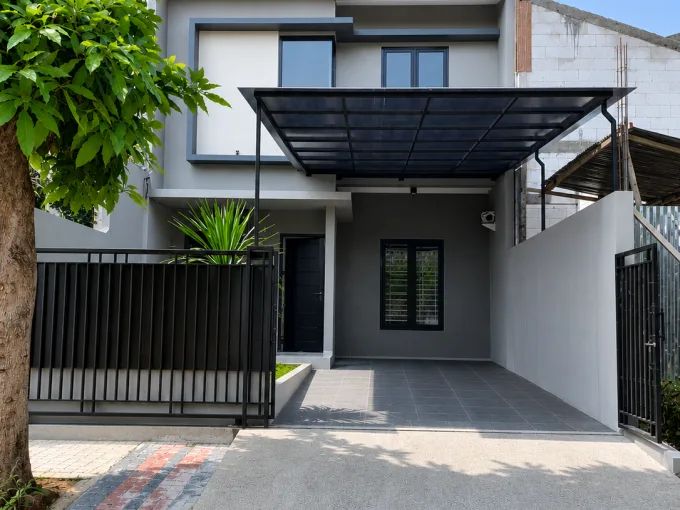 Modern two-storey gray house with a glass-covered carport and black-framed windows at the entrance.