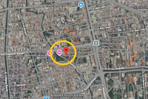 Map Snapshot of a Jakarta Neighborhood with a Yellow Circle Marking a Specific Block Near Merlynn Park Hotel Jakarta and Jl H Hasan Ashari Dalam  Rooma21com