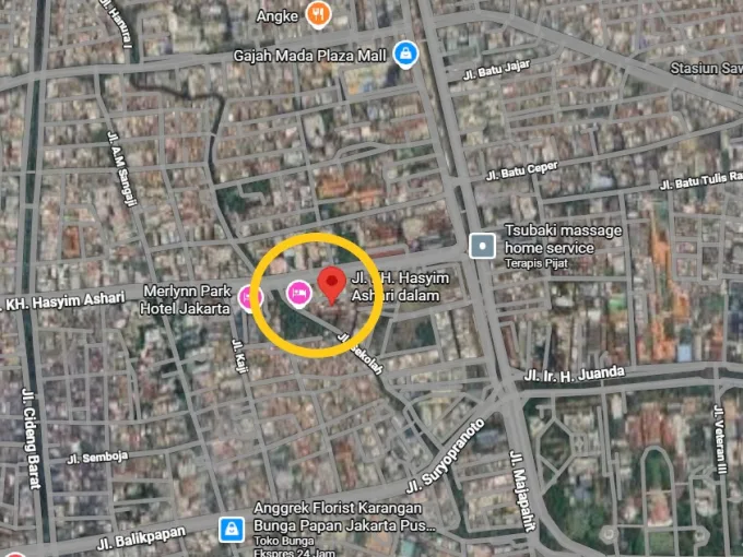 Map Snapshot of a Jakarta Neighborhood with a Yellow Circle Marking a Specific Block Near Merlynn Park Hotel Jakarta and Jl H Hasan Ashari Dalam  Rooma21com