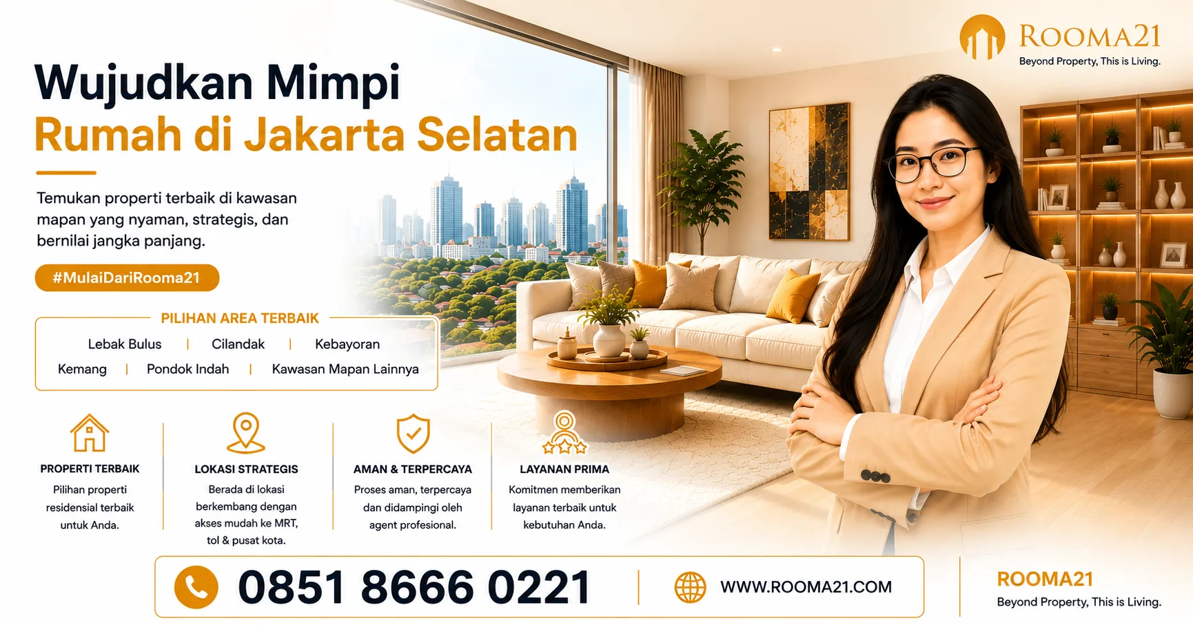 Promotional Banner for Rooma21 Woman in Beige Blazer in a Modern Living Room with a City View Advertising Homes in Jakarta Selatan  Rooma21com  Rooma21com