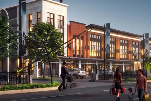 Modern Shopping Center with Brick and White Stone Facade Large Storefronts Banners and Dusk Lighting Pedestrians and Parked Cars Nearby  Rooma21com