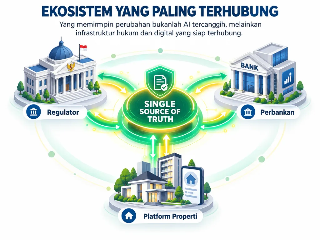 Ilustrasi MLS 7.0 dengan broker properti yang mengawasi transaksi digital berbasis agentic AI dan ekosistem properti terintegrasi.